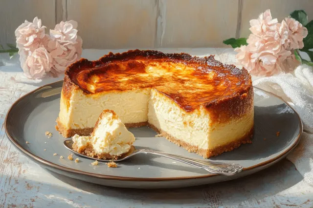 Cheesecake slice on a dark plate with a spoon holding a bite-sized piece and pink flowers nearby.