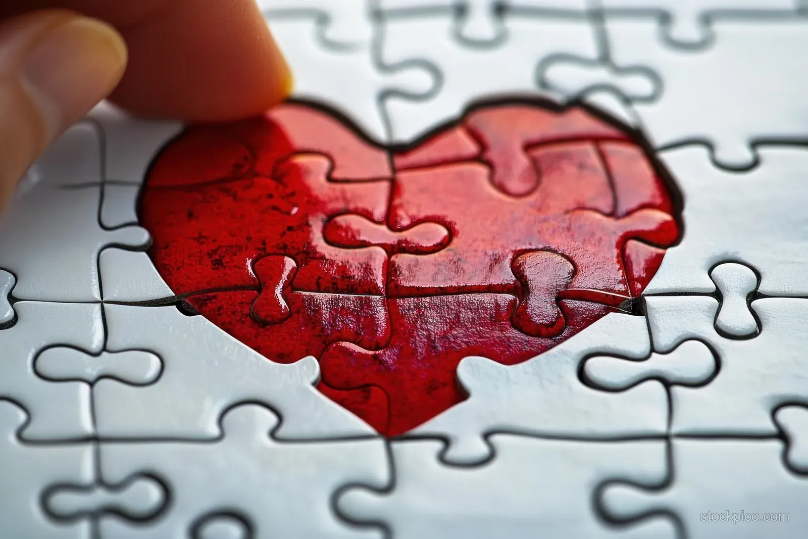 A hand places a puzzle piece to complete a red heart shape on a white jigsaw board.
