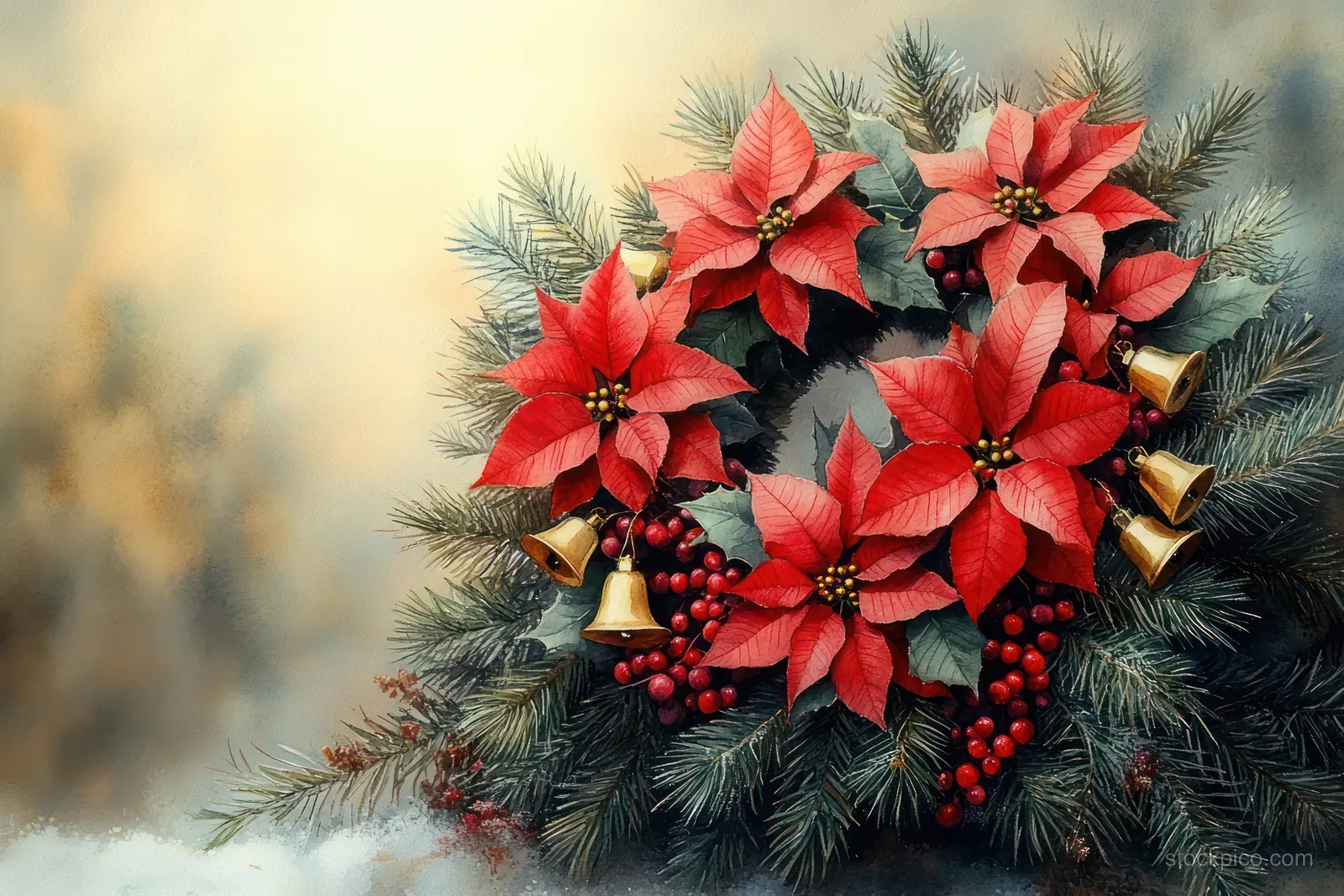 Watercolor Christmas wreath decorated with poinsettias, evergreen pine needles, red berries, and gold bells.