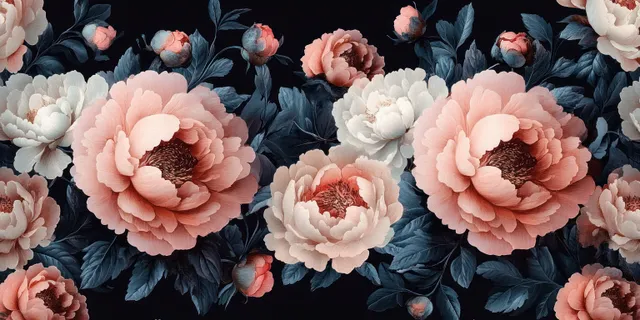 Seamless peony floral pattern painted in watercolor over a dark vintage botanical background