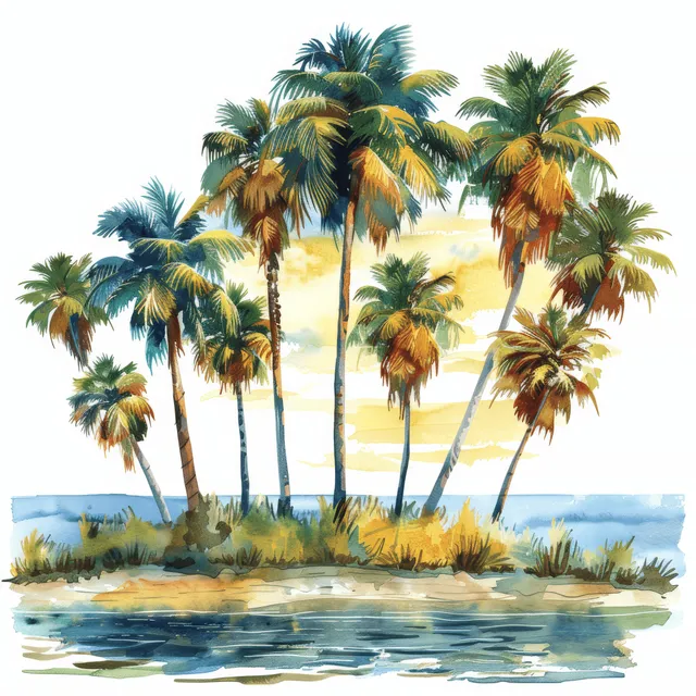 Watercolor palm trees on sandy shoreline beside ocean waves, isolated on white background