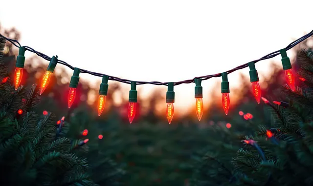Glowing red and orange Christmas string lights draped over pine branches at sunset twilight
