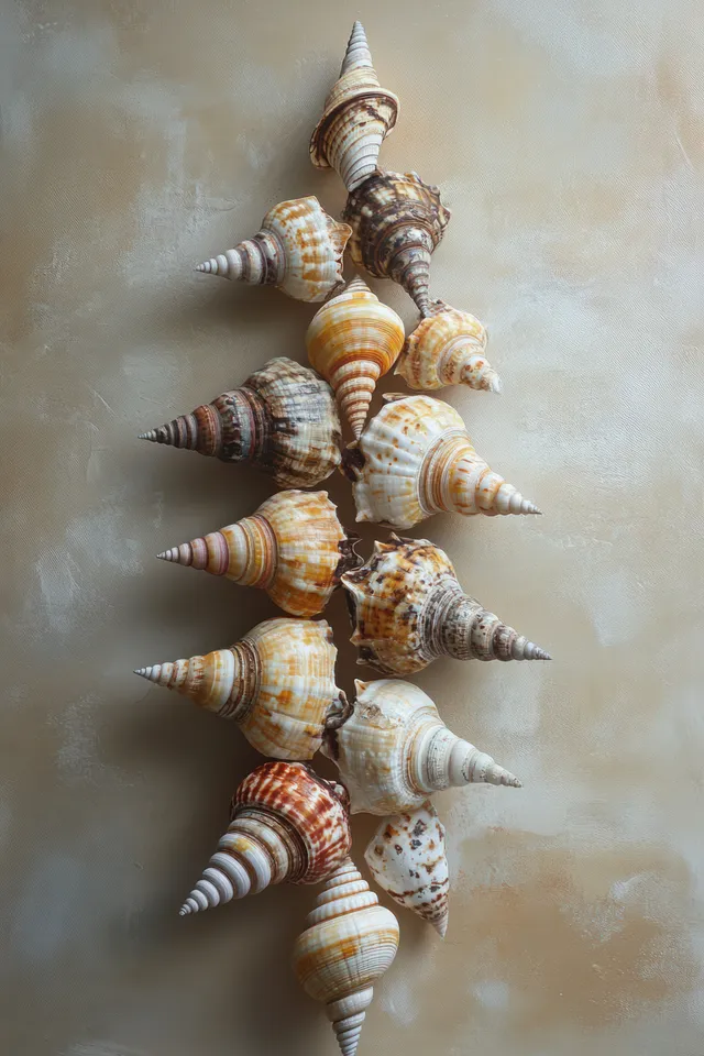 Striped spiral seashells arranged vertically on a sandy beige textured background.