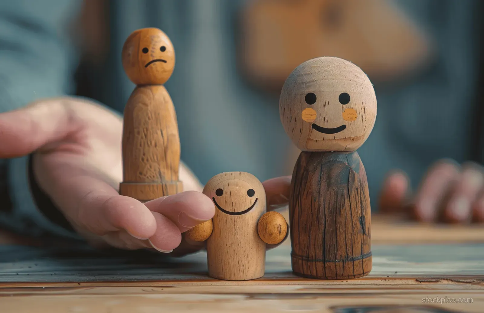A hand blocks two wooden figures on a tabletop, with smaller figures nearby symbolizing mediation and resolution.