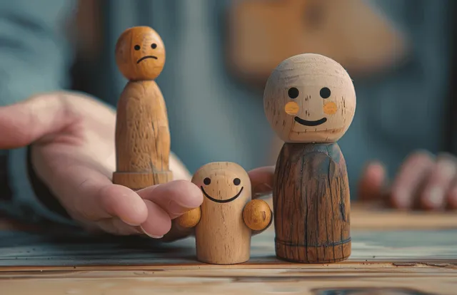 A hand blocks two wooden figures on a tabletop, with smaller figures nearby symbolizing mediation and resolution.