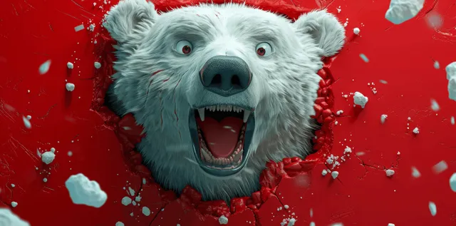 Cartoon polar bear bursting through a red wall with foam splashes and wide grin