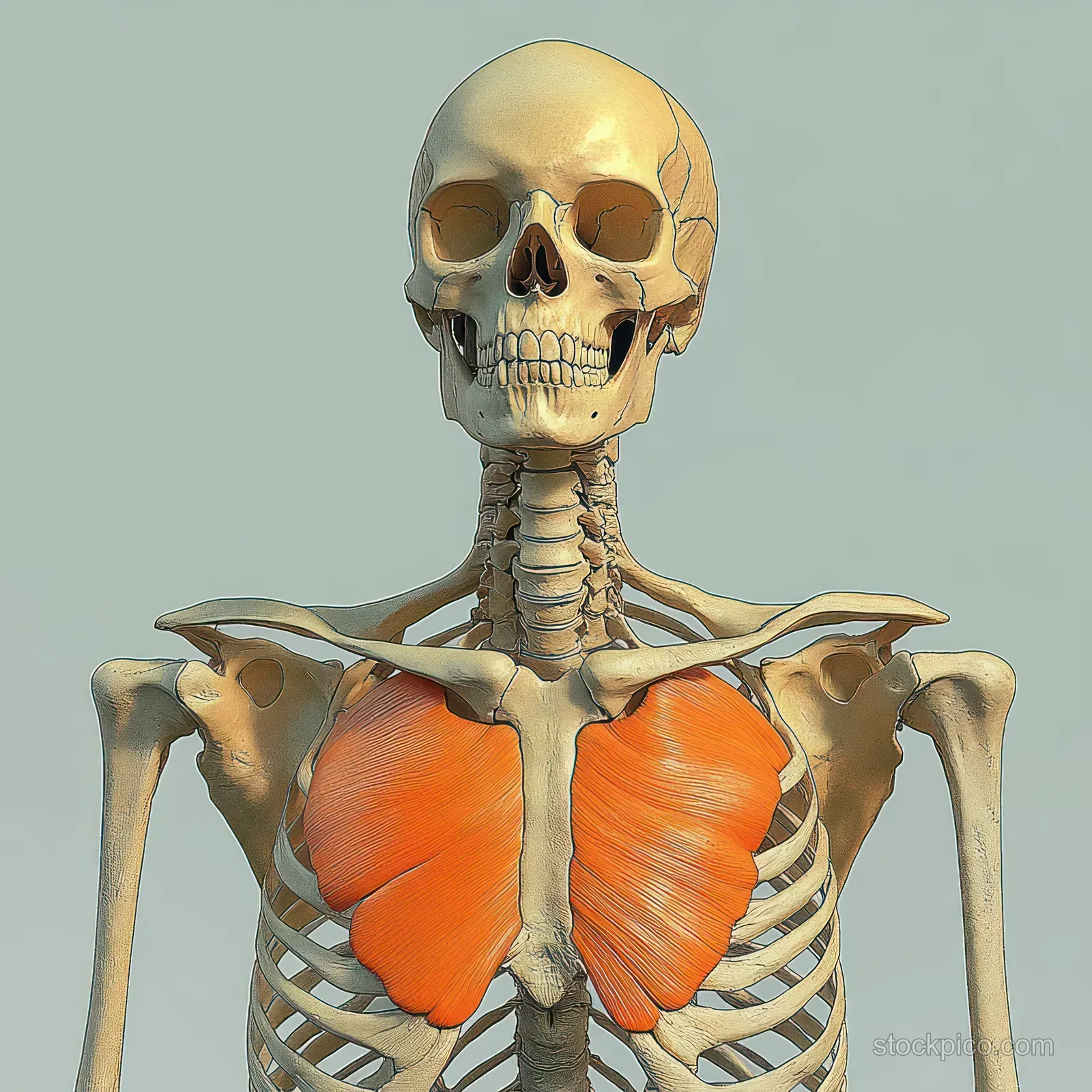A human skeleton facing forward with orange-highlighted pectoral muscles across the ribcage.
