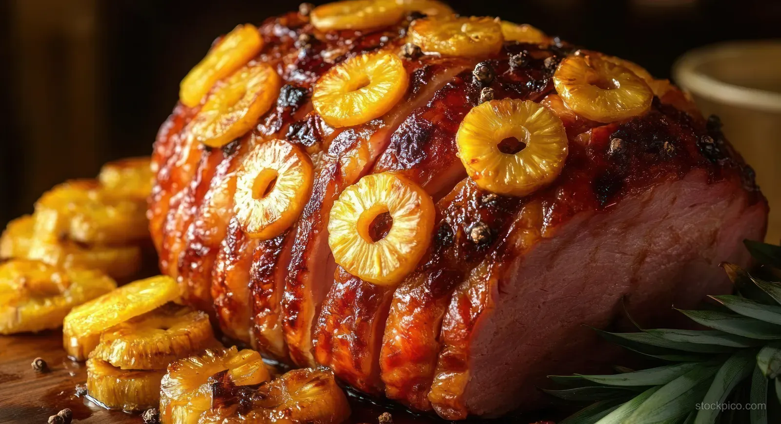 Close-up of glazed baked ham on a wooden surface with pineapple rings and peppercorns.