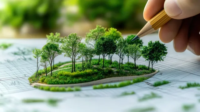 A hand holds a pencil sketching a miniature green forest ecosystem on a blueprint with clean energy layout details.