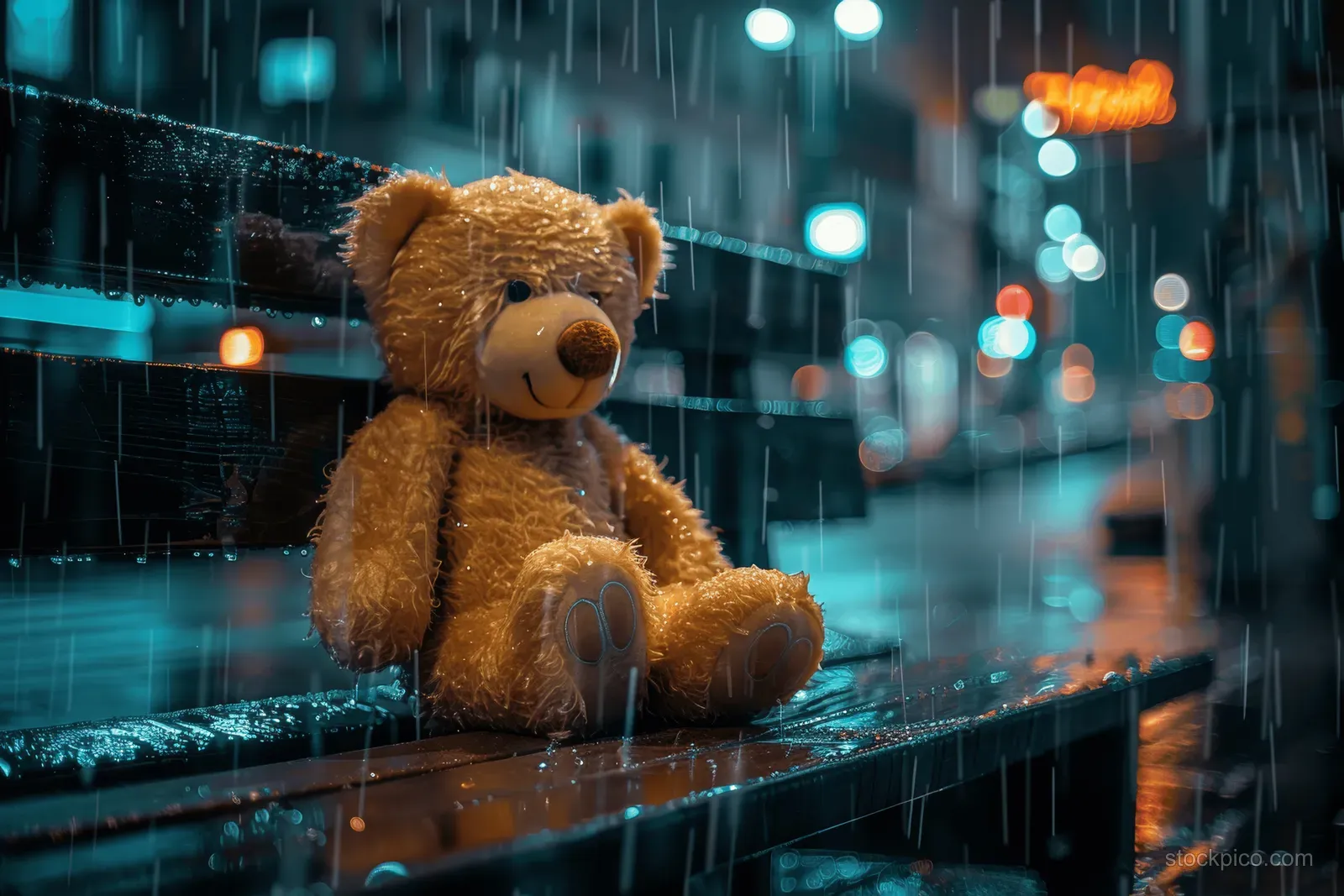 A lonely teddy bear sits on a wet bench in night rain as city lights blur in the background.