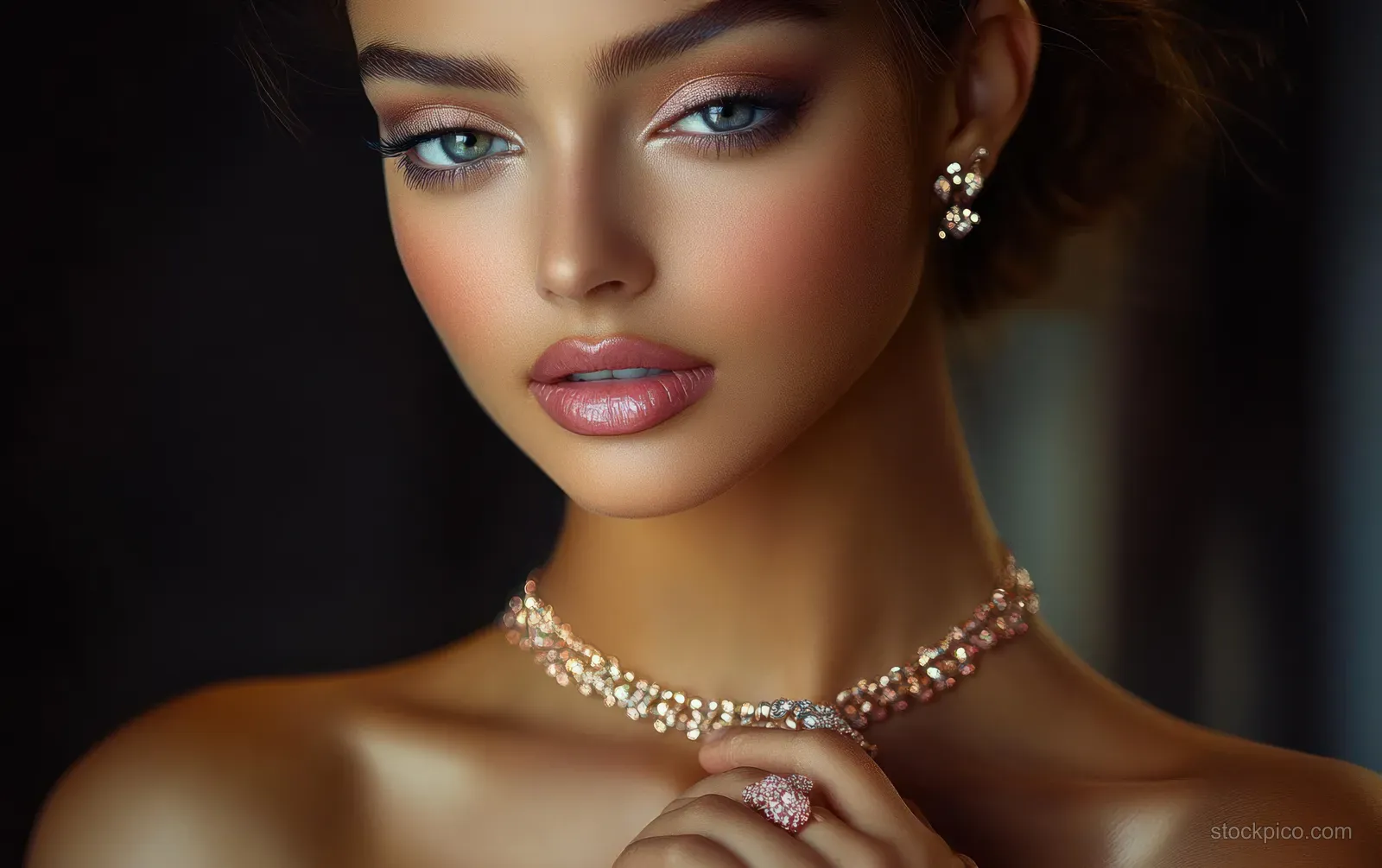 Woman wearing a sparkling necklace, earrings, and ring in a close-up portrait against a dark background.