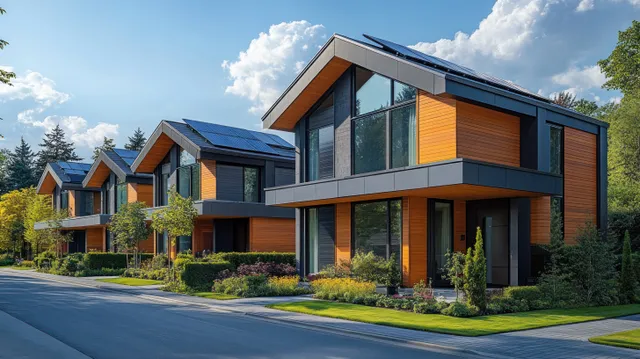 Solar-roof modern houses lining a sunny suburban street with sharp blue sky clouds