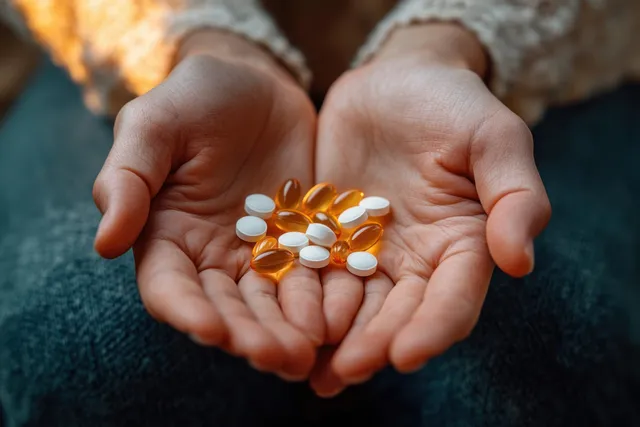 Cupped hands holding white tablets and amber soft gel capsules over textured fabric