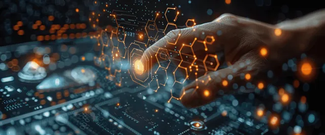 Gloved hand touching glowing hexagon network above a blurred workplace dashboard.