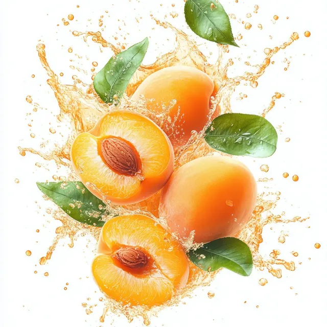 Apricot juice splash with green leaves and floating fruit halves on clean white background with Label Ready Space