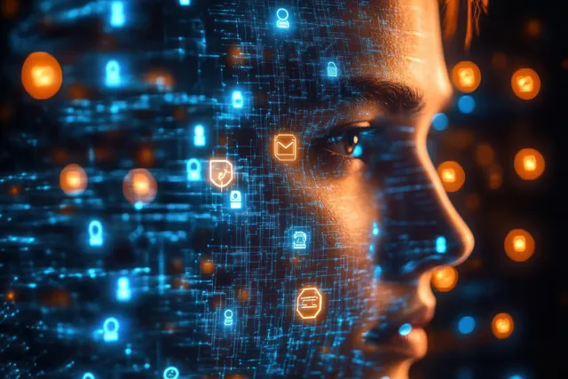 Close-up human face with blue data grid overlay, glowing security icons, and futuristic network connections