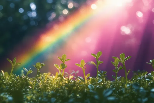 Green sprouts and moss in a forest glow beneath a bright rainbow after rain.
