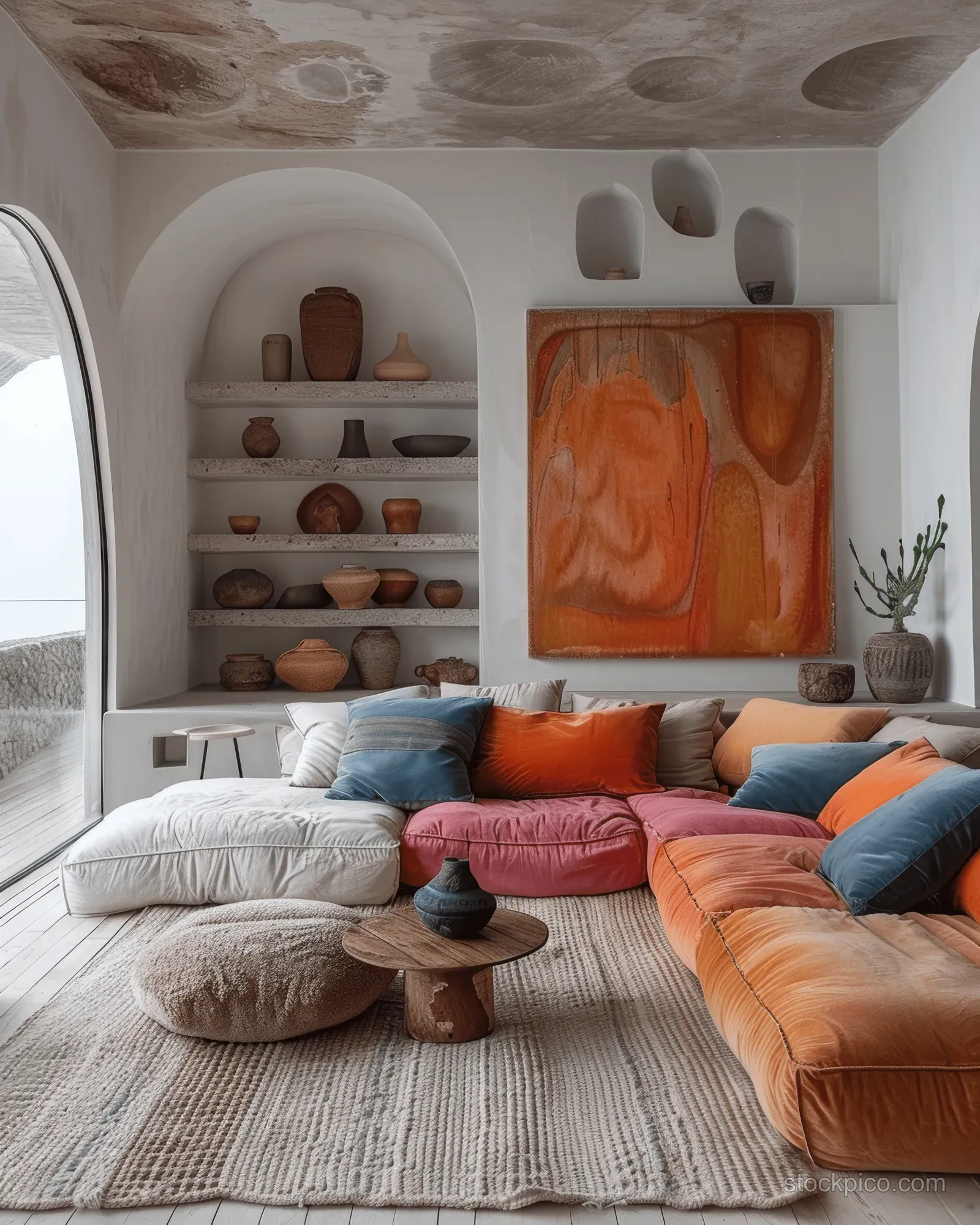 Minimalist living room with blue sofa, colorful cushions, and open shelves with ceramic objects along the wall.