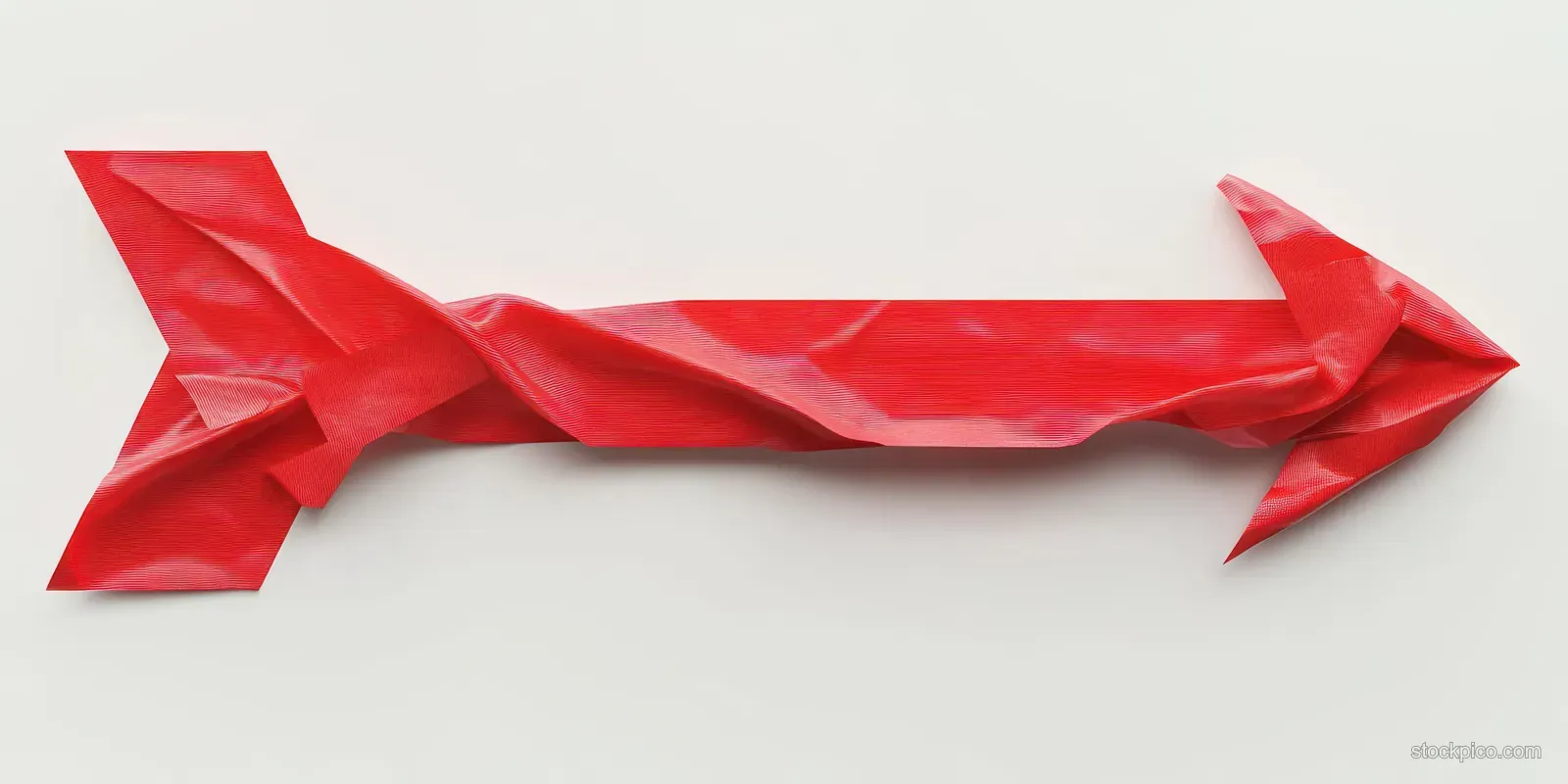 Crumpled red paper tape forms a horizontal right arrow with sharp creases on a white background.