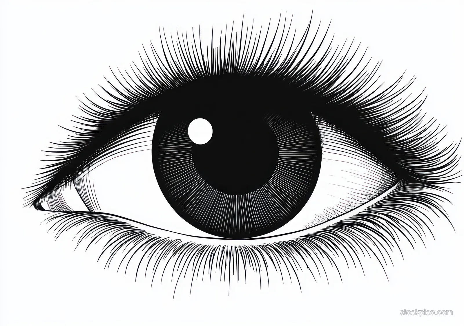 Black and white drawing of an open human eye with long eyelashes and detailed iris shading.