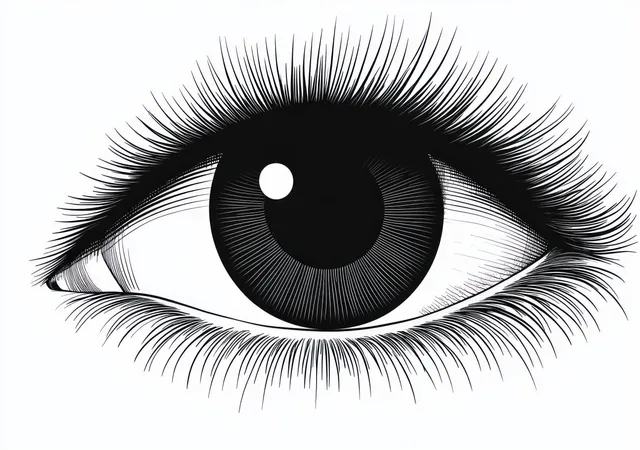 Black and white drawing of an open human eye with long eyelashes and detailed iris shading.