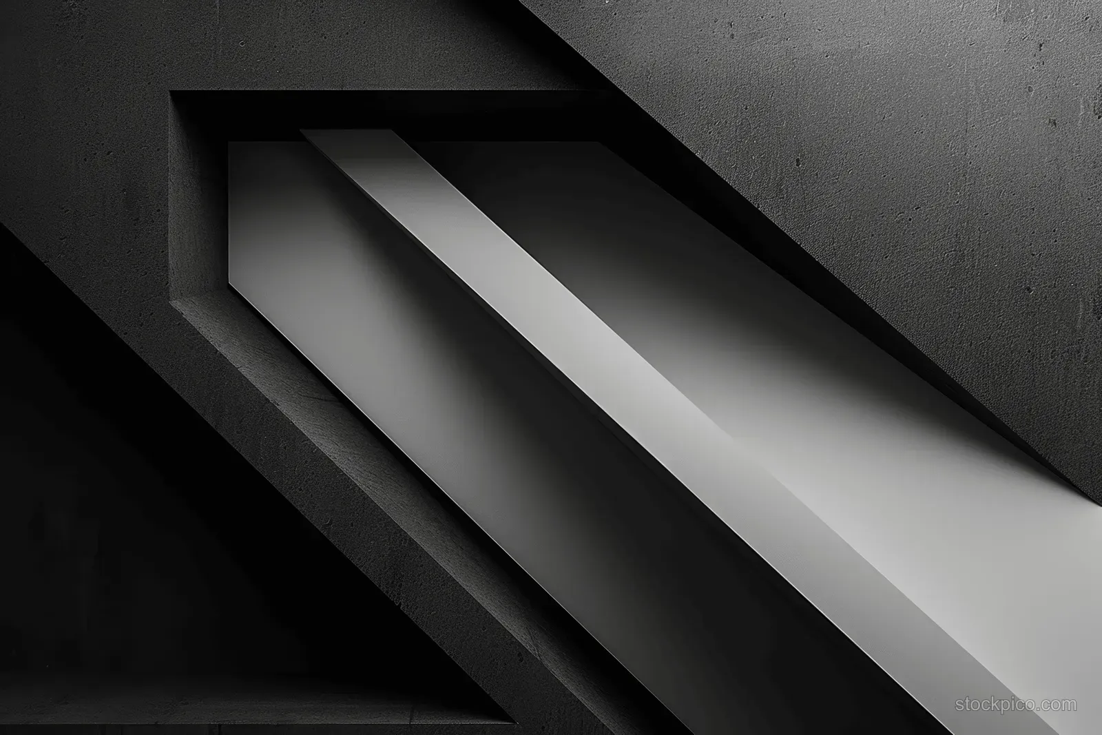 Layered black and white geometric slabs with diagonal light bands and strong shadows on a textured dark background.