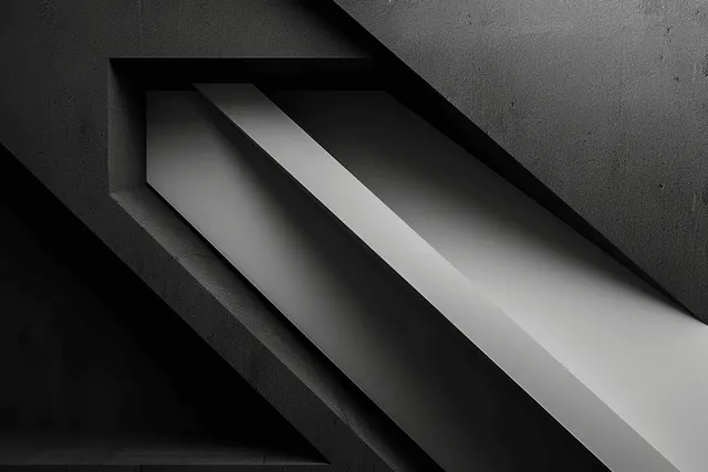 Black and white geometric 3D slabs with sharp shadows and diagonal light rays background
