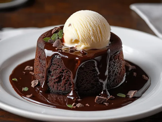 Molten chocolate lava cake with melting vanilla ice cream, chocolate shards, and mint leaves on a white plate.