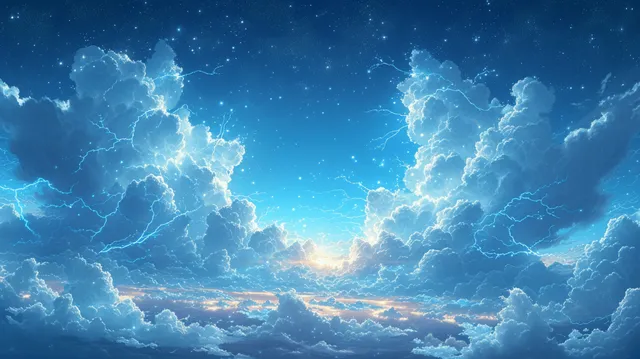 蓝天全景中，发光的风暴云与分叉闪电横贯地平线。