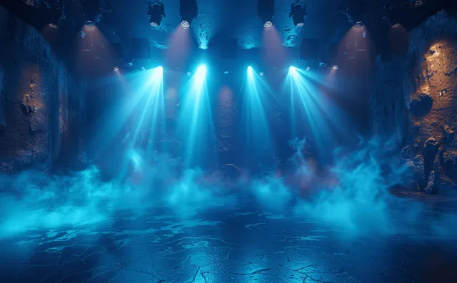 Blue spotlight stage with fog and smoke in dark concert theater with silhouettes