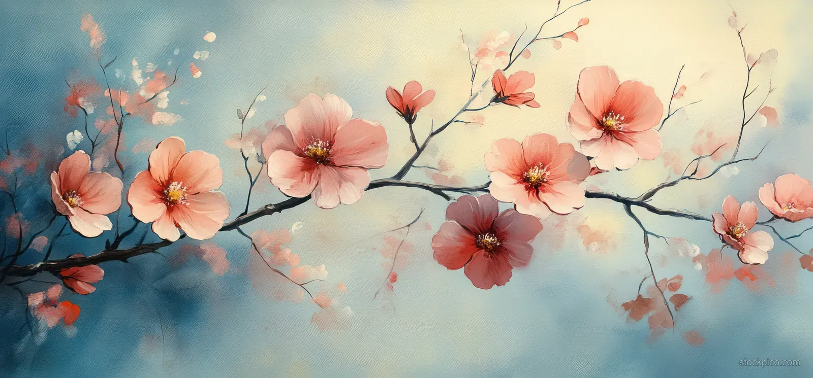 Watercolor cherry blossom branch with peach flowers and small leaves across a soft blue sky background.