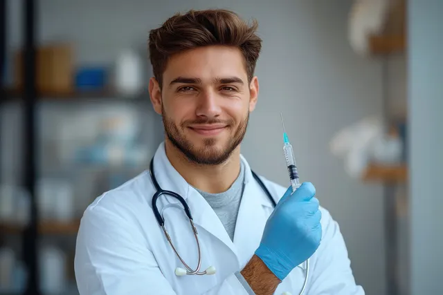Smiling male doctor in white coat holding syringe ready for vaccination