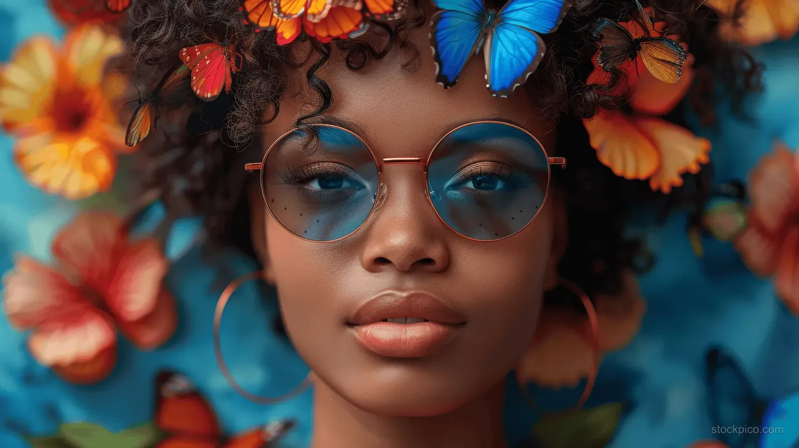 Pop art style portrait of a curly-haired woman with butterflies around her face on a colorful floral background.