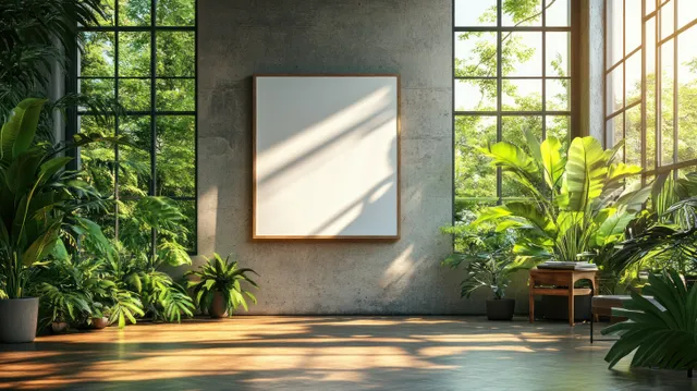 Blank poster frame on a concrete wall in a bright office with potted plants near large windows.
