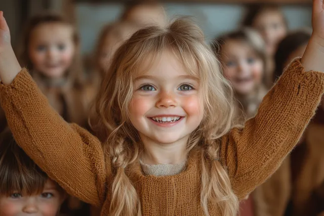 Diverse elementary children cheering and hugging their female teacher in a warm classroom