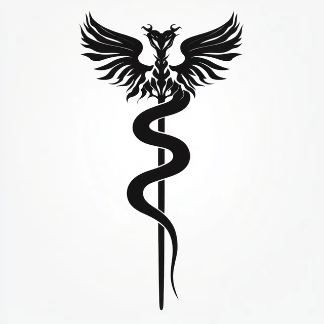 Black winged serpent emblem coiled around a staff with dragon head in tribal ink style