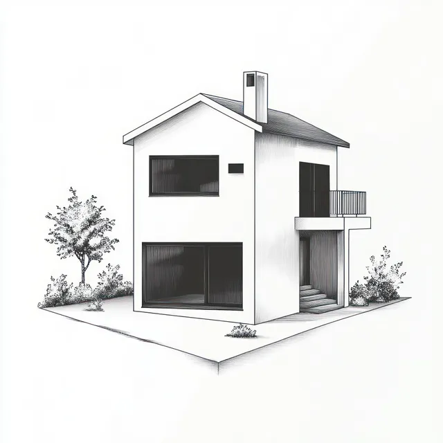 Minimalist line drawing of a compact two-story house with large windows, chimney, balcony stairs, and garden bushes.