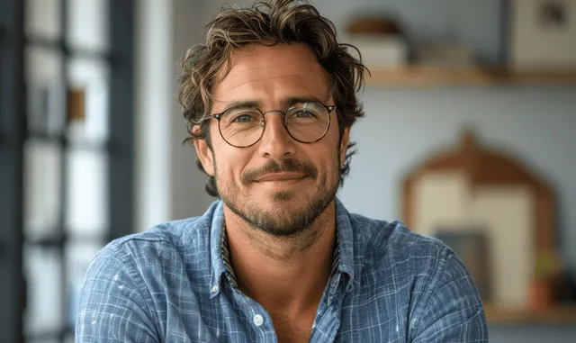 Homem sorridente de camisa azul e óculos apresenta com a palma da mão aberta diante de um fundo neutro.