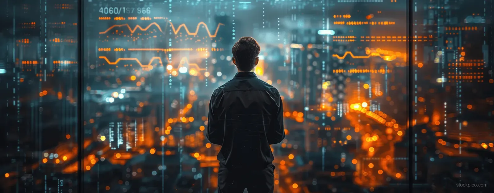 A businessman faces glowing stock charts at night with a lit city skyline through glass buildings behind him.