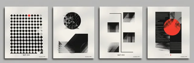 Four black and white geometric posters with circles, squares, and diagonal bars arranged side by side.