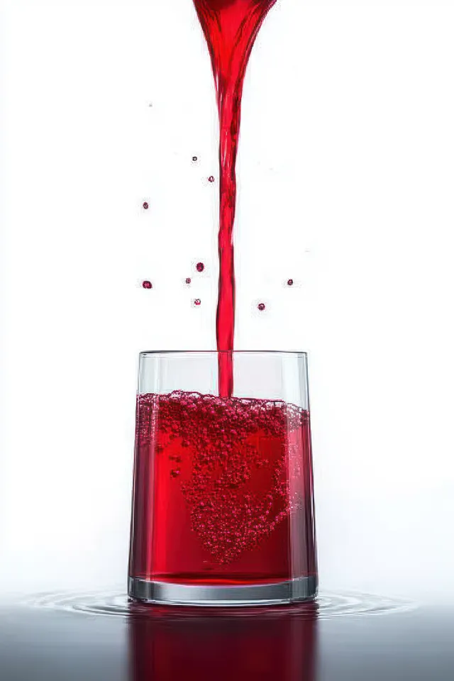 Red cherry juice pouring into a clear glass with bright splashes on white background
