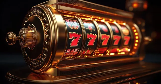 Vintage slot machine close-up showing spinning reels and glowing gold and red numbers