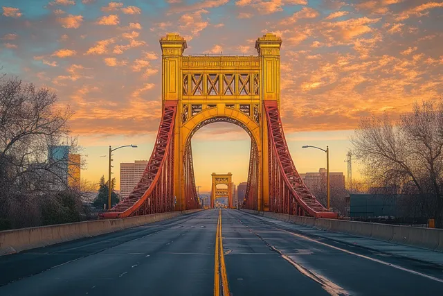 Empty road leading to colorful suspension bridge at sunset with glowing clouds