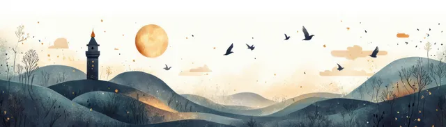 Watercolor night landscape with a tower, flying birds, moon glow, and starry sky over rolling hills.