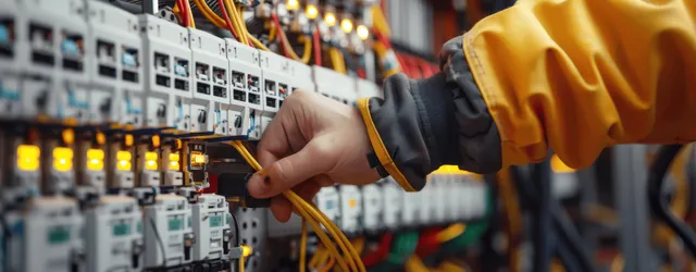 Technician probes wires on an electrical control panel beside glowing circuit breakers.