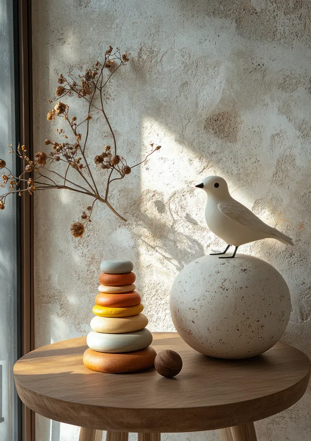 A white bird sculpture and stacked wooden rings sit on a round wooden table in a sunlit minimalist room.
