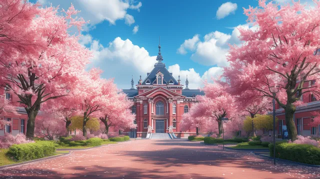 Pink cherry blossom trees line an anime school courtyard leading to a central building entrance under a blue sky.