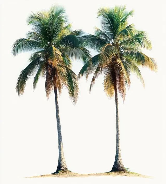 Two tall palm trees with green and yellow fronds grow from sandy ground under bright sunlight.
