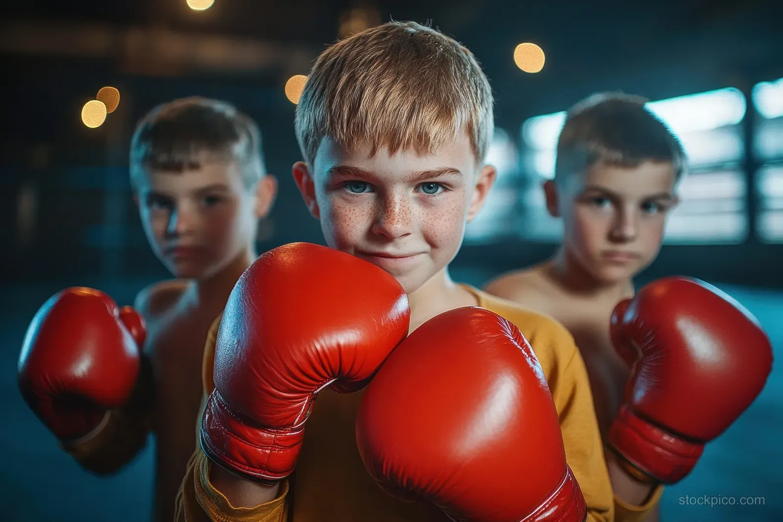 A young child in red boxing gloves practices boxing in a gym with other children in the background.