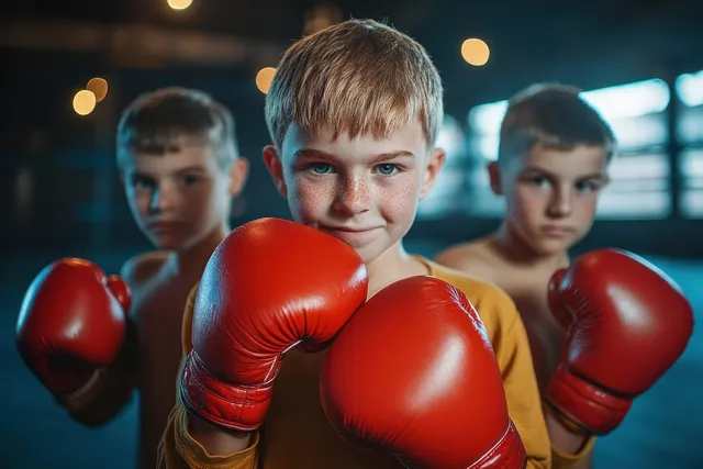Young child boxer practices in a gym, red gloves up before a punch